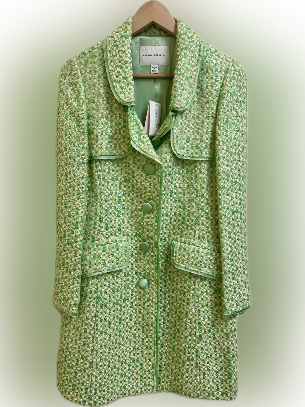 Banana Republic Green & White Plaid Tweed Belted Trench Coat Petite Medium NWT